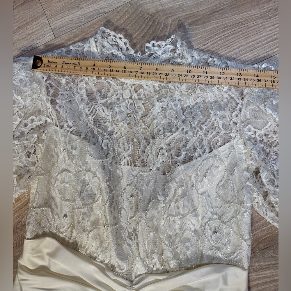 Dessy Creations Vintage Ivory Lace Tea-Length Wedding Dress Ruched Waist - Picture 13 of 16